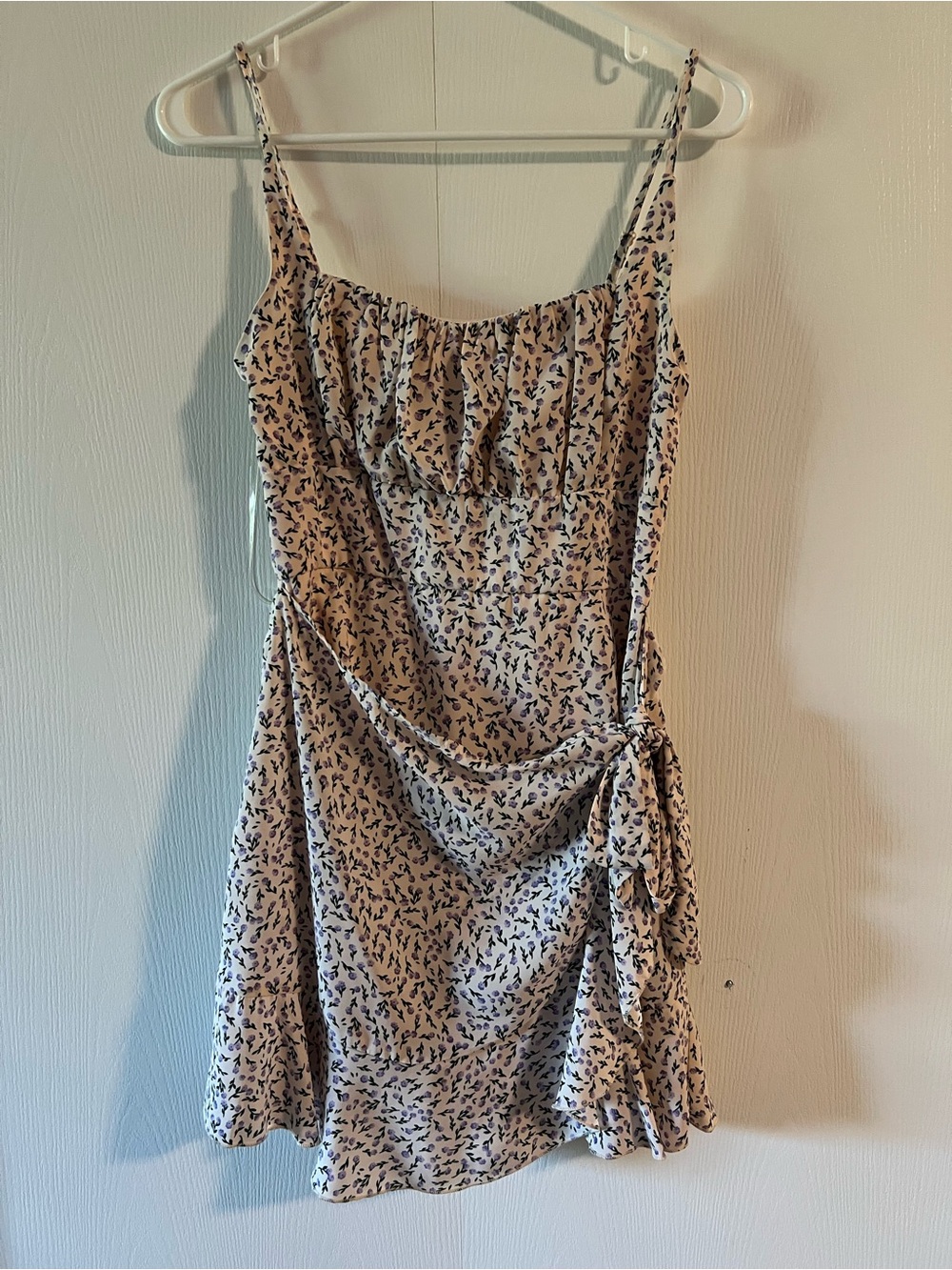Light Pink Floral Tie-Detail Mini Dress with Navy Print
